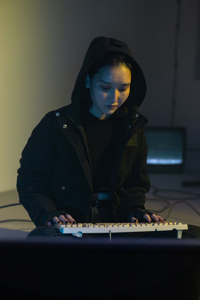 A woman in a black jacket typing on a keyboard with a mysterious atmosphere.